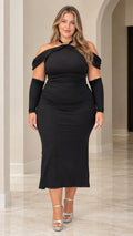 Front view of black halter neck ruched bodycon midi dress with detachable sleeves