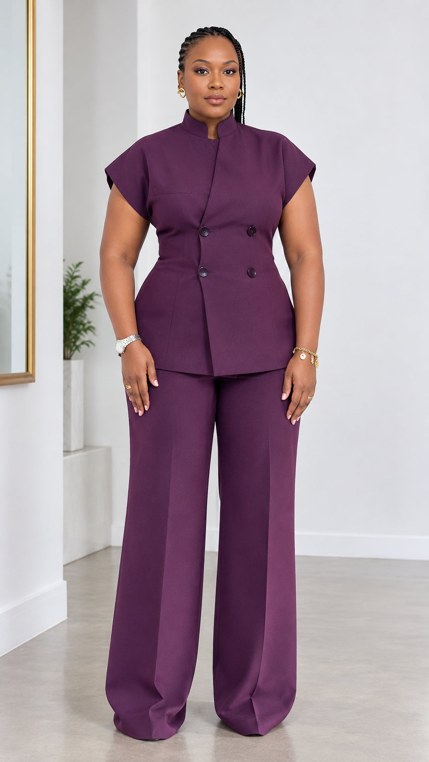 Front full-length view of woman wearing plum stand collar double-breasted top and wide-leg pant suit set