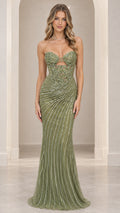 Front view of model wearing sage green strapless beaded corset evening gown with front cutout