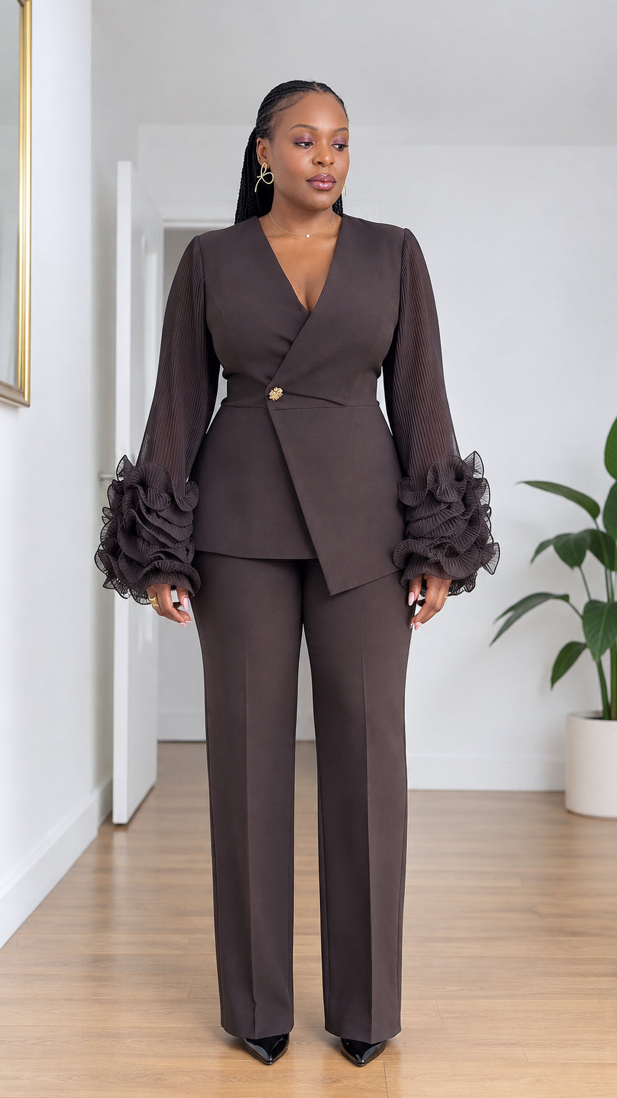 Front full-length view of model wearing Chocolate Brown ruffle sleeve asymmetric pant suit set