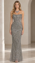 Silver strapless beaded sequin mermaid evening gown front view