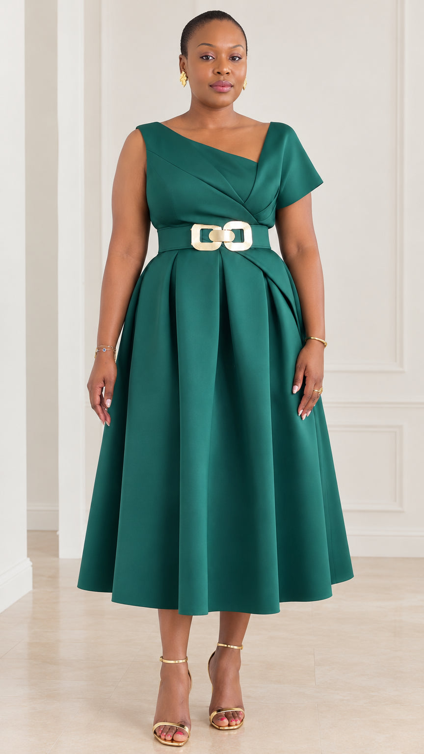 Front view of woman wearing emerald green asymmetrical neckline belted pleated midi dress