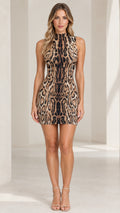 Front full-length view of woman wearing sleeveless mock neck brown leopard print bodycon mini dress