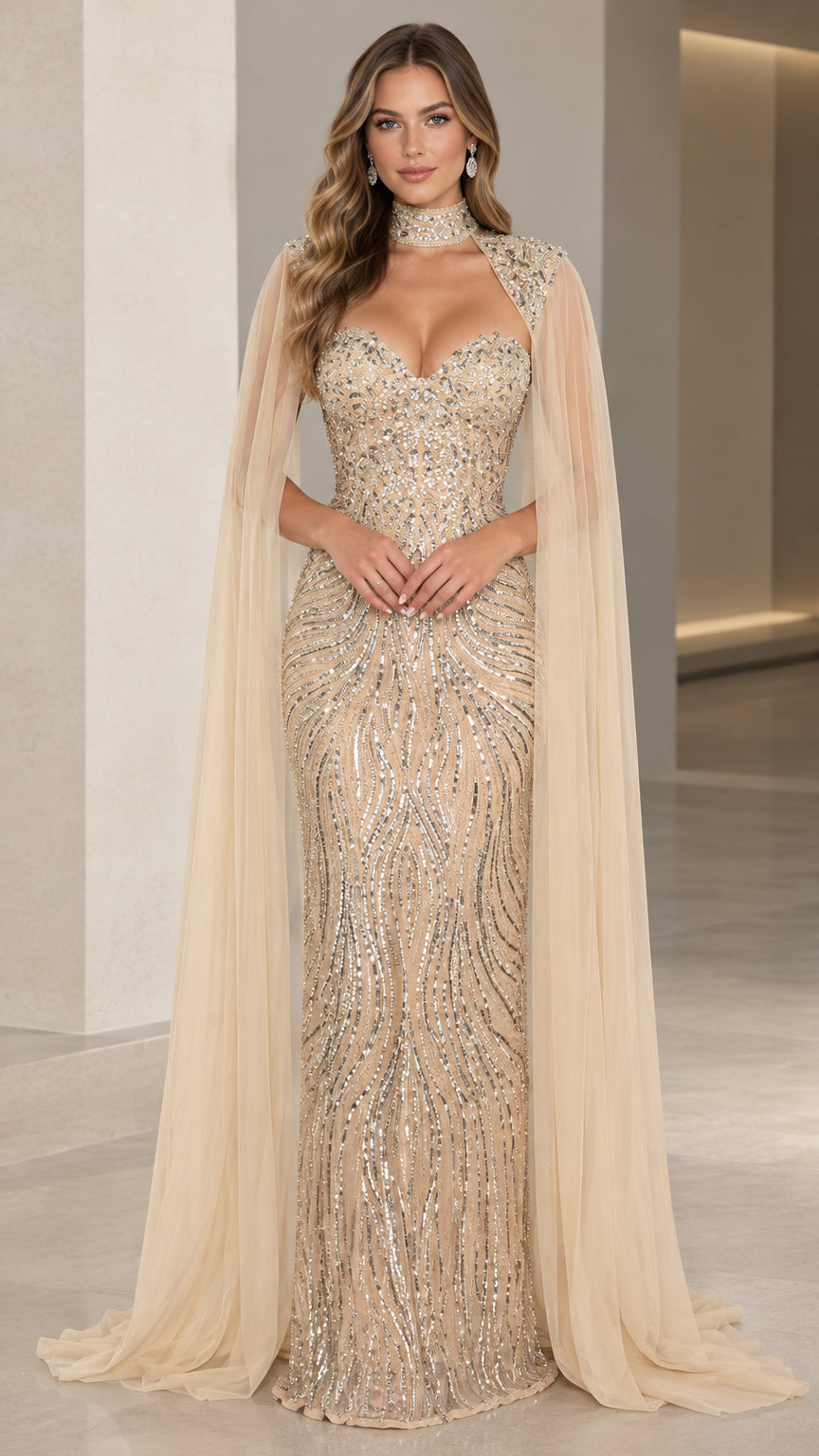 Front view of champagne sequined sweetheart evening gown with floor-length cape