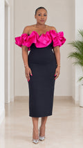 Front view of black off-the-shoulder midi dress with bold fuchsia satin ruffles