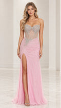 Front full-length view of model wearing pink beaded corset evening gown with high slit