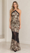 Full front view of model wearing brown leopard print halter neck maxi dress with lace detailing
