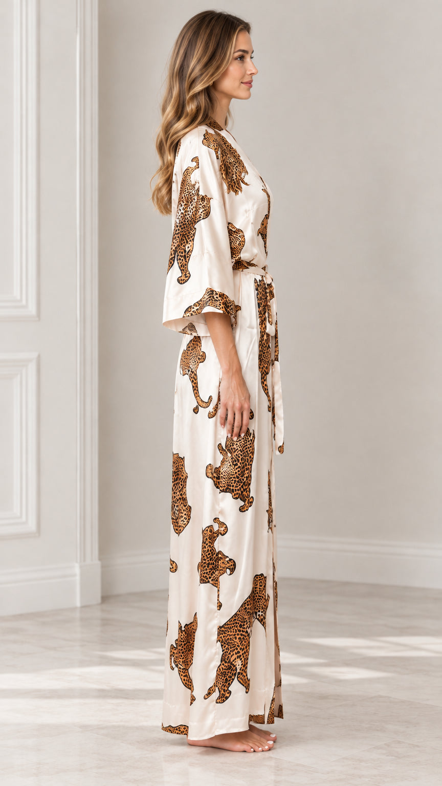 Side profile view of champagne leopard print long kimono dressing gown