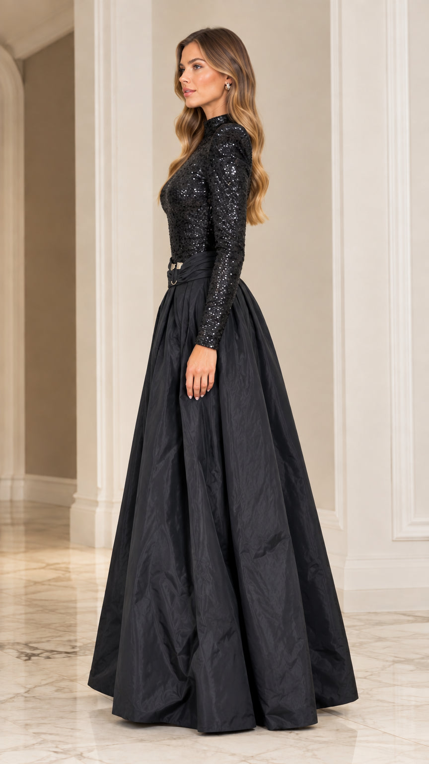 Side profile of black sequined evening gown showing full length silhouette