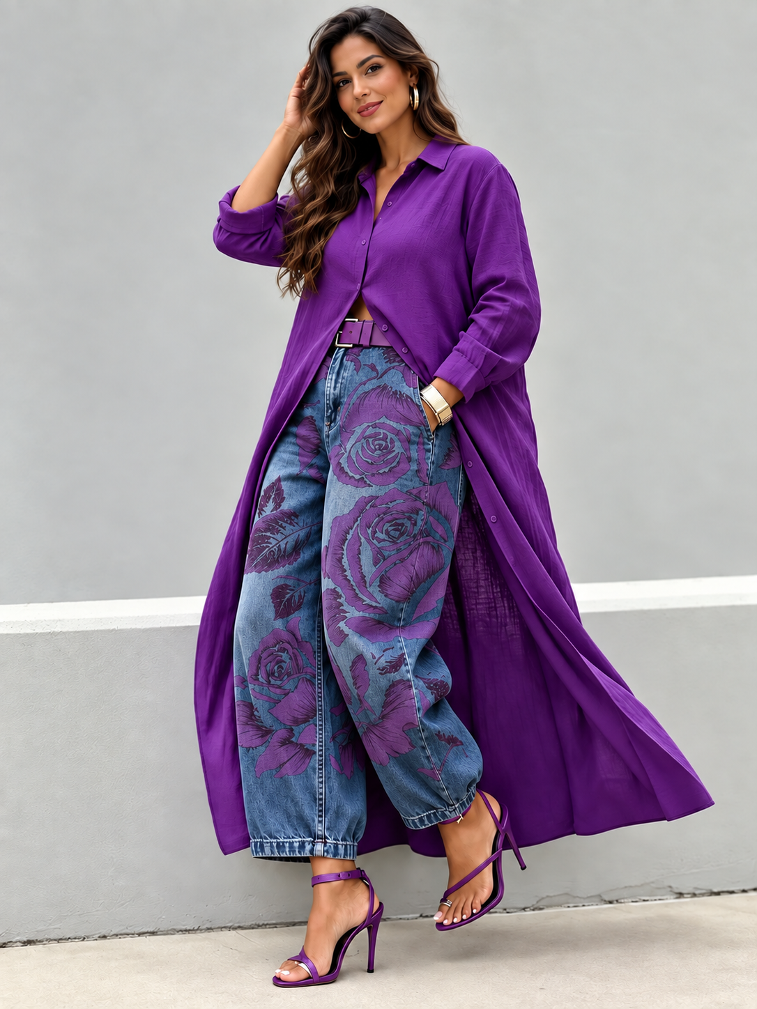 Purple Rose Print Balloon Jeans