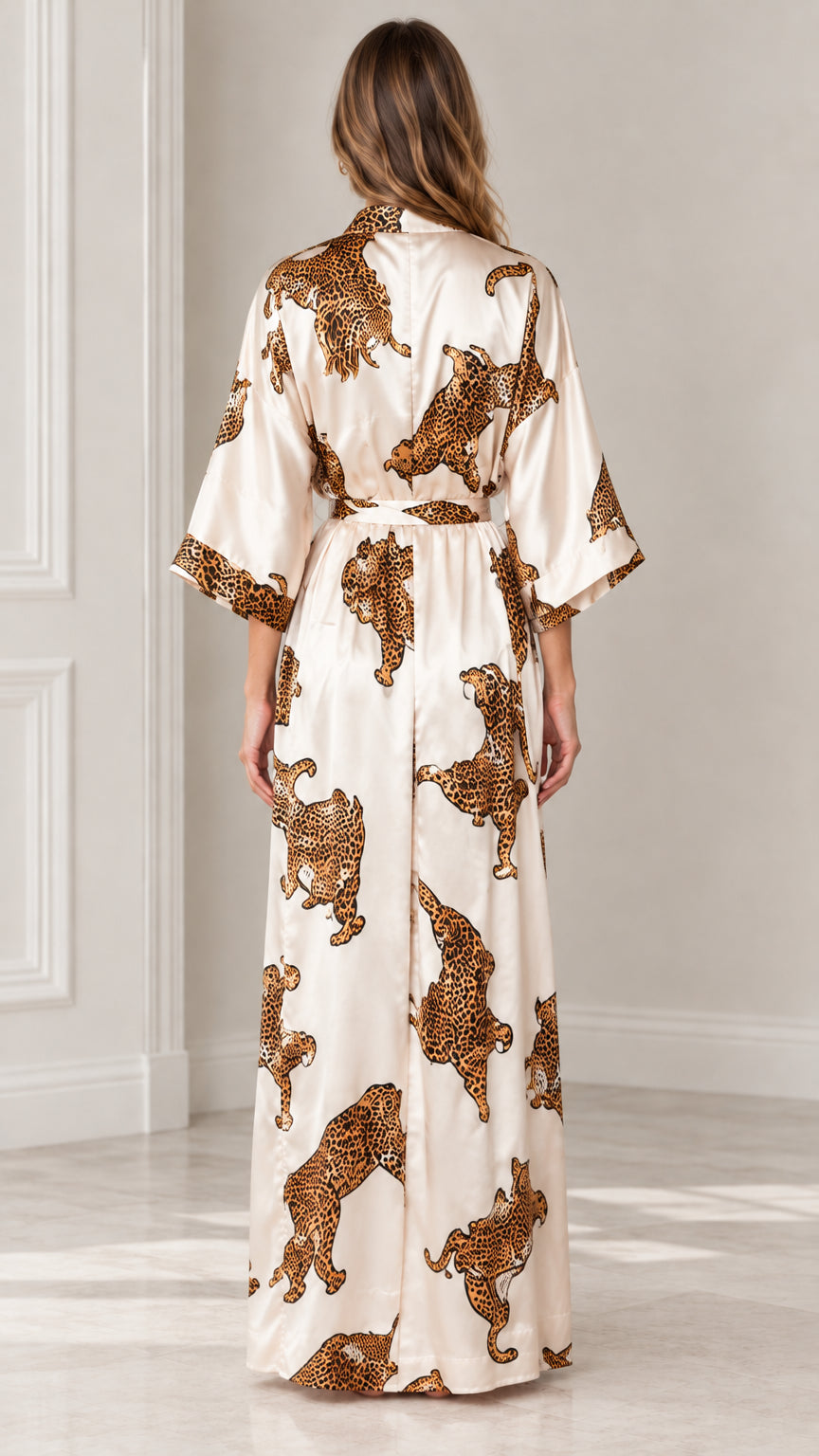 Back view of champagne animal print silky maxi robe