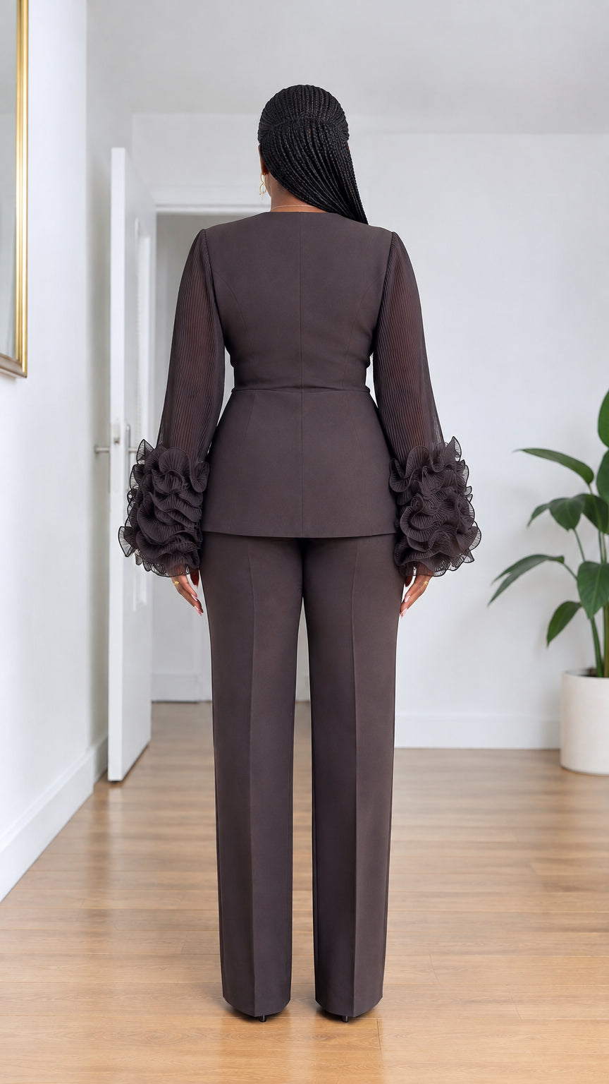 Rear view of model wearing Chocolate Brown tailored trouser suit set