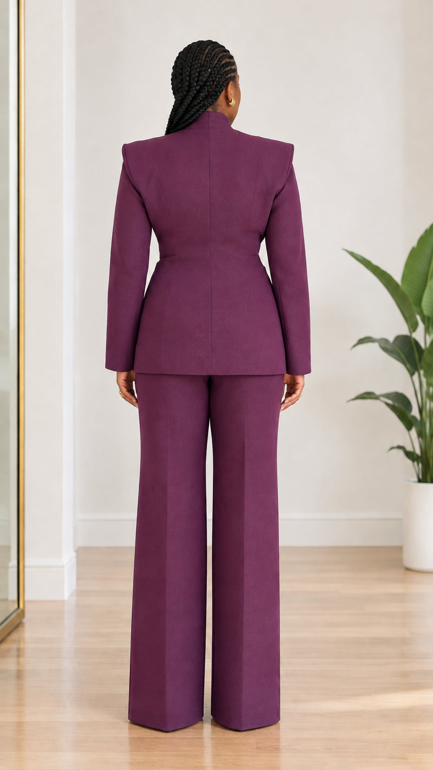 Back view of model wearing structured plum purple blazer and floor-length trousers