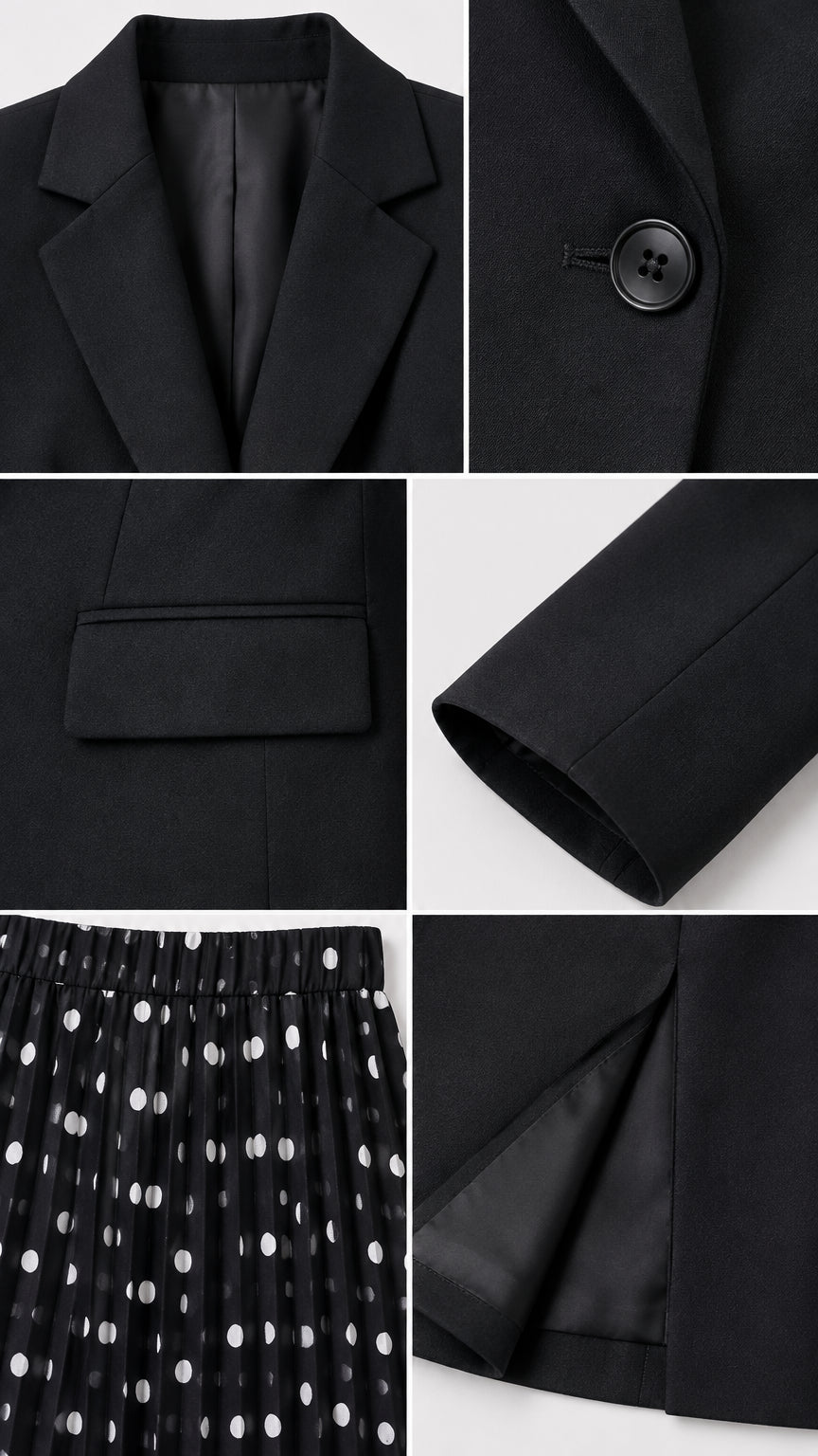 Close-up details of black jacket lapel, button, pocket, and elasticized waist on polka dot pleated pants