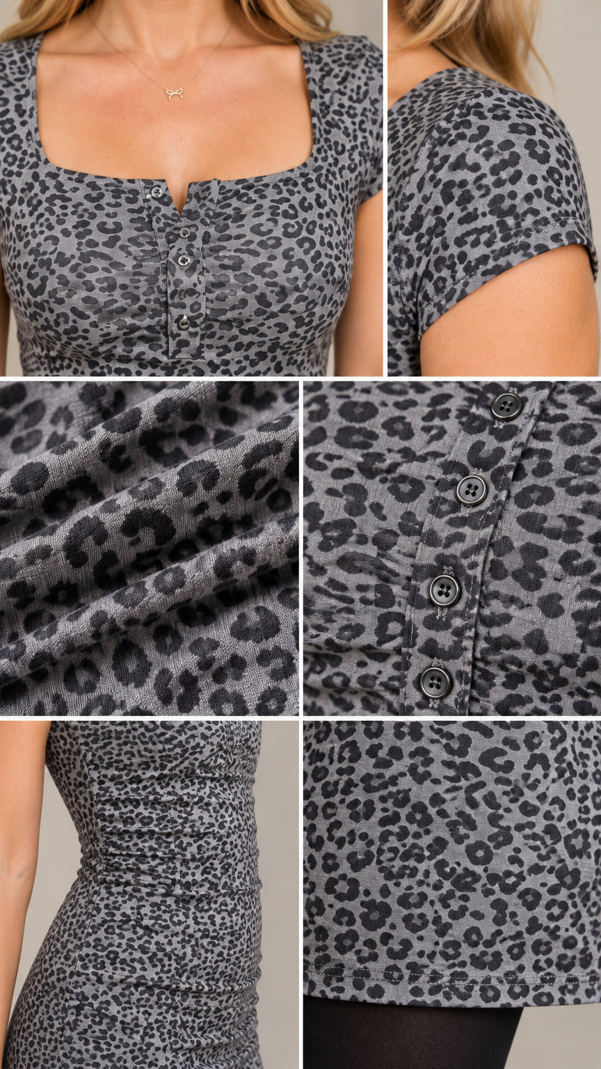 Close-up detail shots showing square neckline, button accents, fabric texture, and hemline