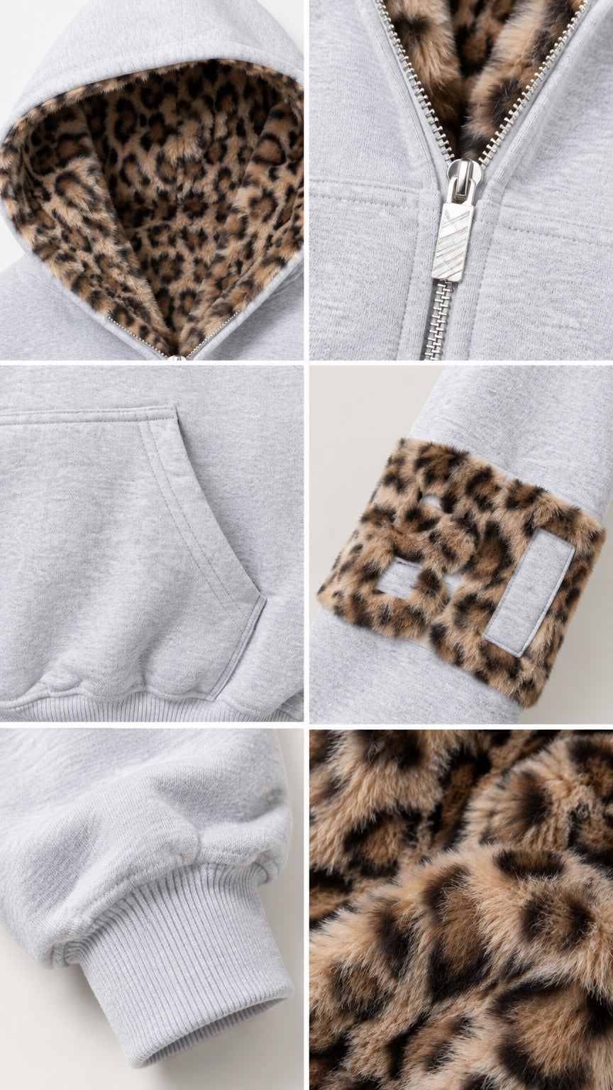 Close-up details of leopard faux fur lining, zipper, pocket, and ribbed cuff