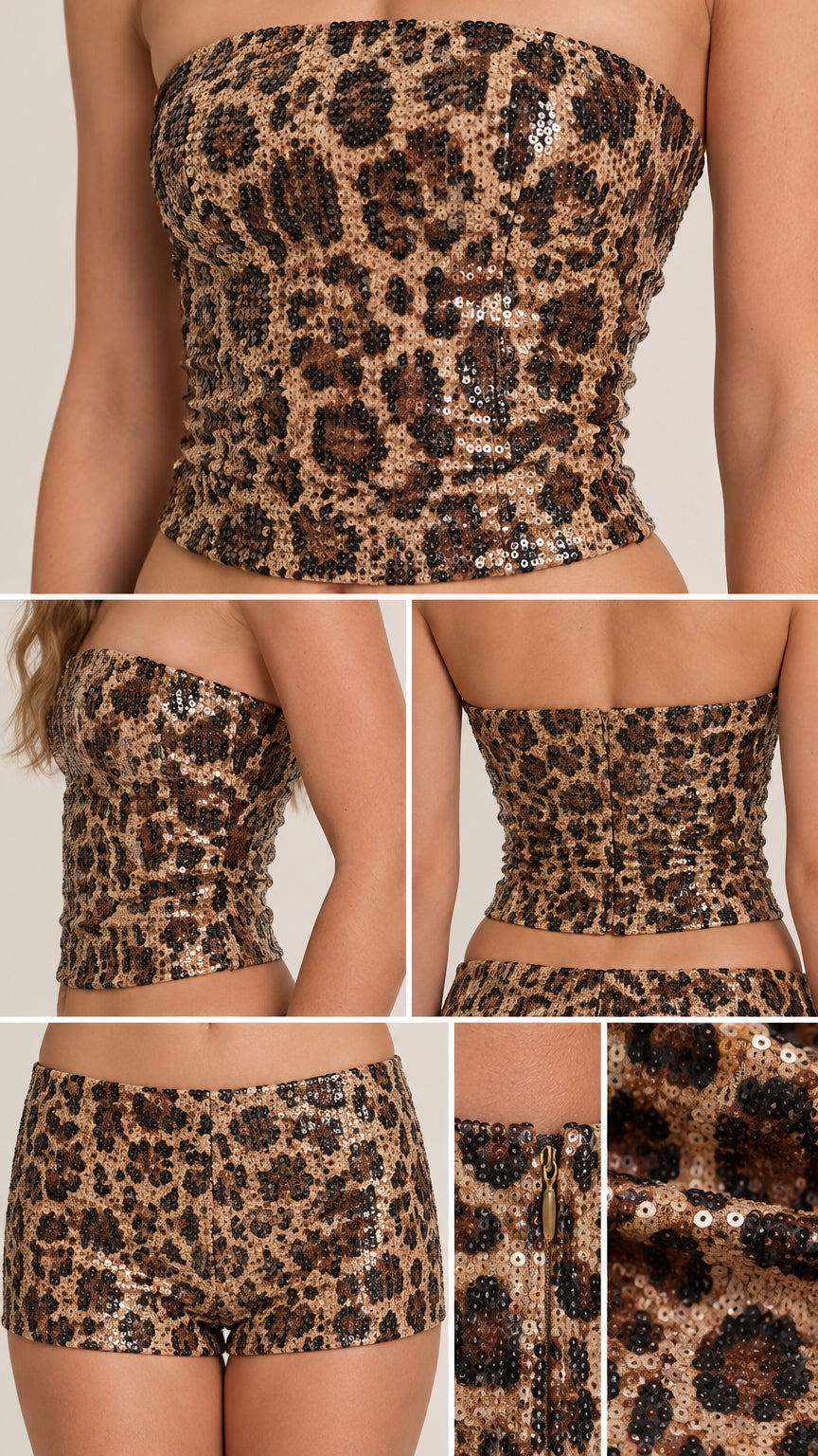 Close-up details of sequin leopard print tube top, shorts, and zipper closure