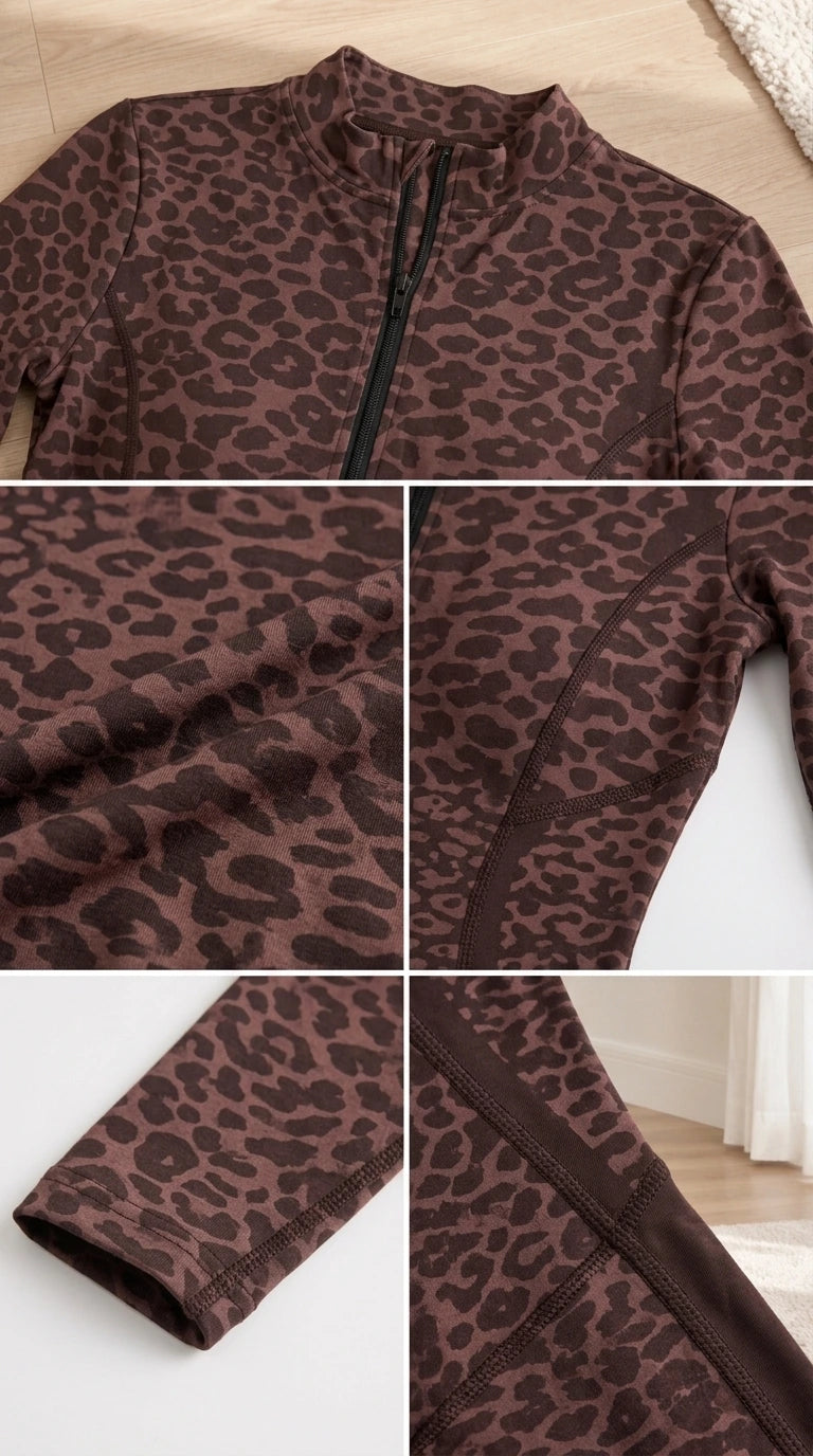 Close-up details of leopard print jumpsuit neckline zip, flatlock stitching, fabric texture, and sleeve cuff