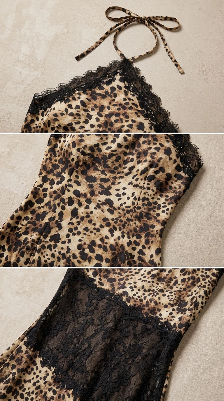 Close-up detail of halter tie strap, lace neckline trim, and sheer lace skirt insert