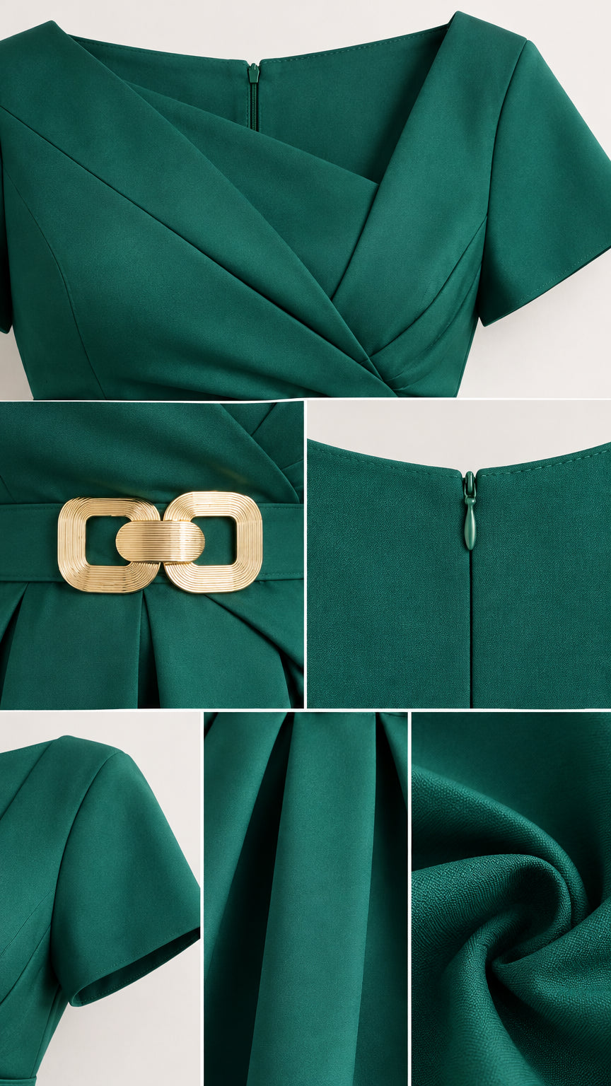 Close-up detail collage of neckline, gold buckle belt, sleeve, and fabric pleating