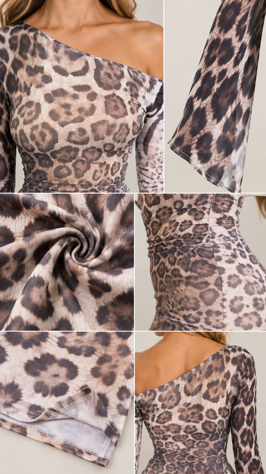 Close-up details of leopard print fabric texture, asymmetrical neckline, and draped flared sleeves
