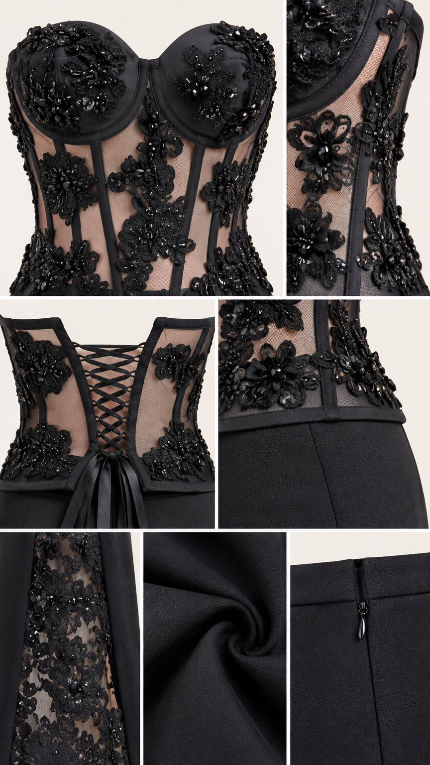 Close-up details of black corset bodice, boning, beaded floral lace appliqué, and zipper