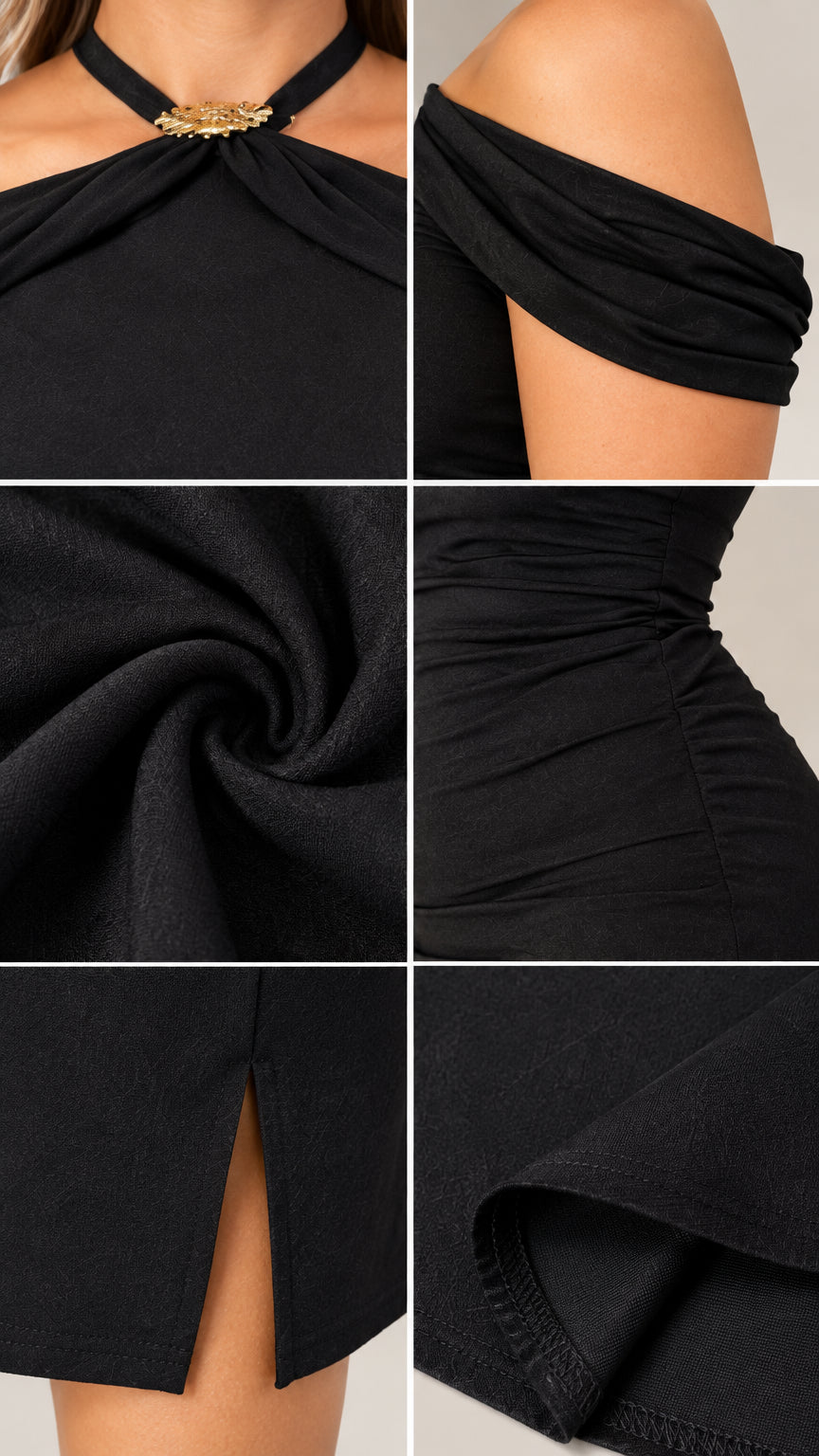 Close-up details of metallic halter hardware, off-shoulder drape, fabric texture, and side slit