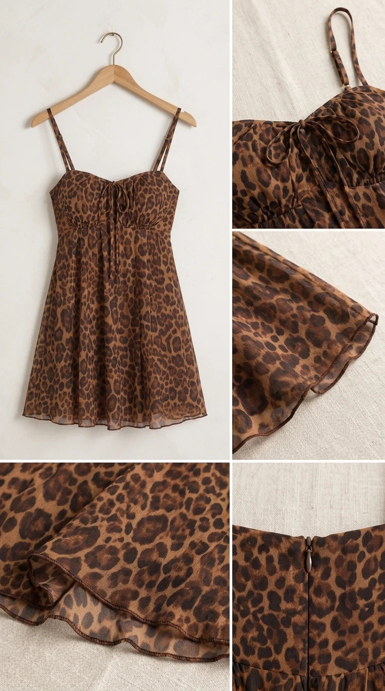 Product flat lay and detail collage of brown leopard print mini dress showing bust tie, fabric, and back zipper