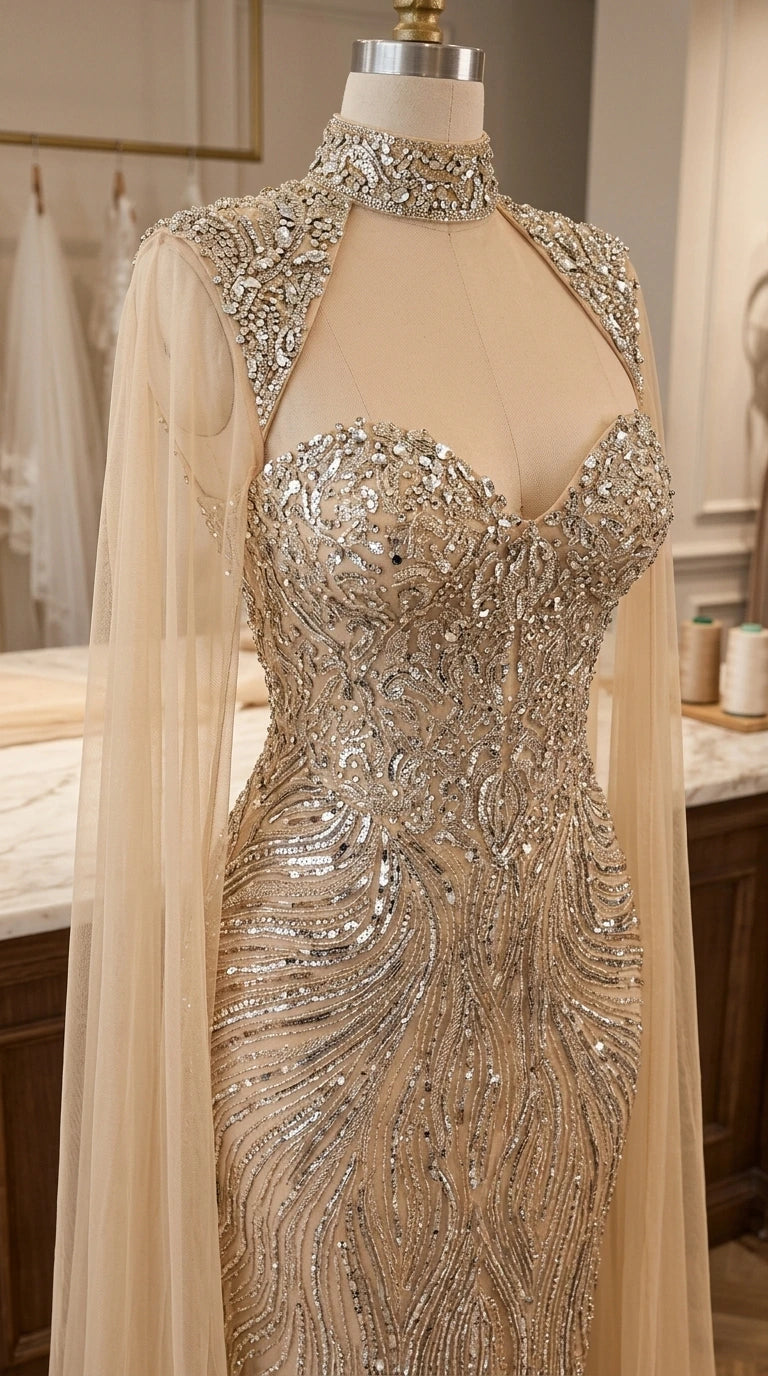 Close-up detail of champagne sequin and bead embellished sweetheart bodice and collar