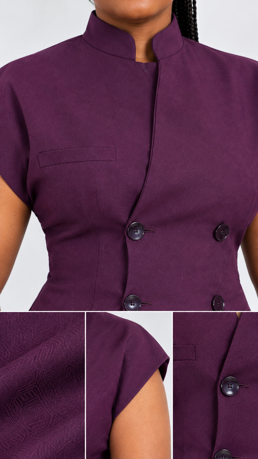 Close-up details of plum stand collar, double-breasted buttons, and textured woven fabric