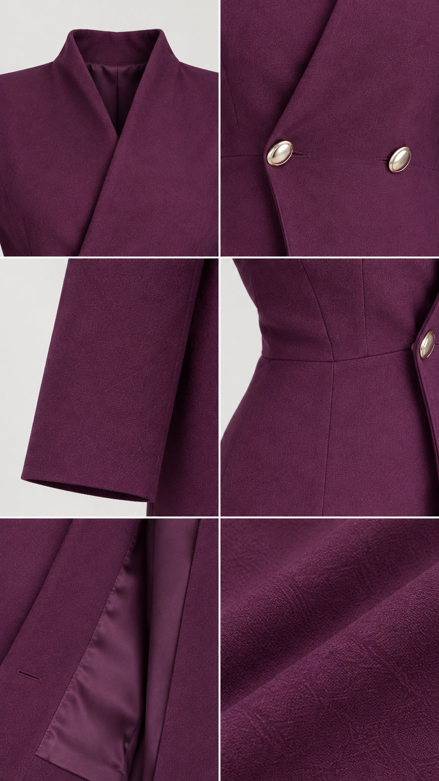 Close-up detail collage showing the stand collar, button accents, cuff, waistline, and woven fabric texture of the plum suit