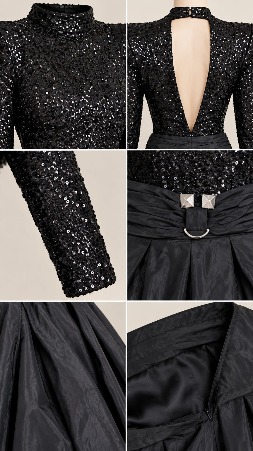 Close-up details of sequin texture, open back neckline, waist buckle, and skirt fabric