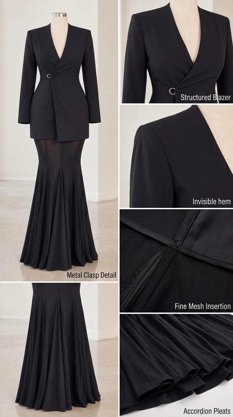 Detailed close-ups of structured blazer lapel, metal clasp, invisible hem, and accordion pleats
