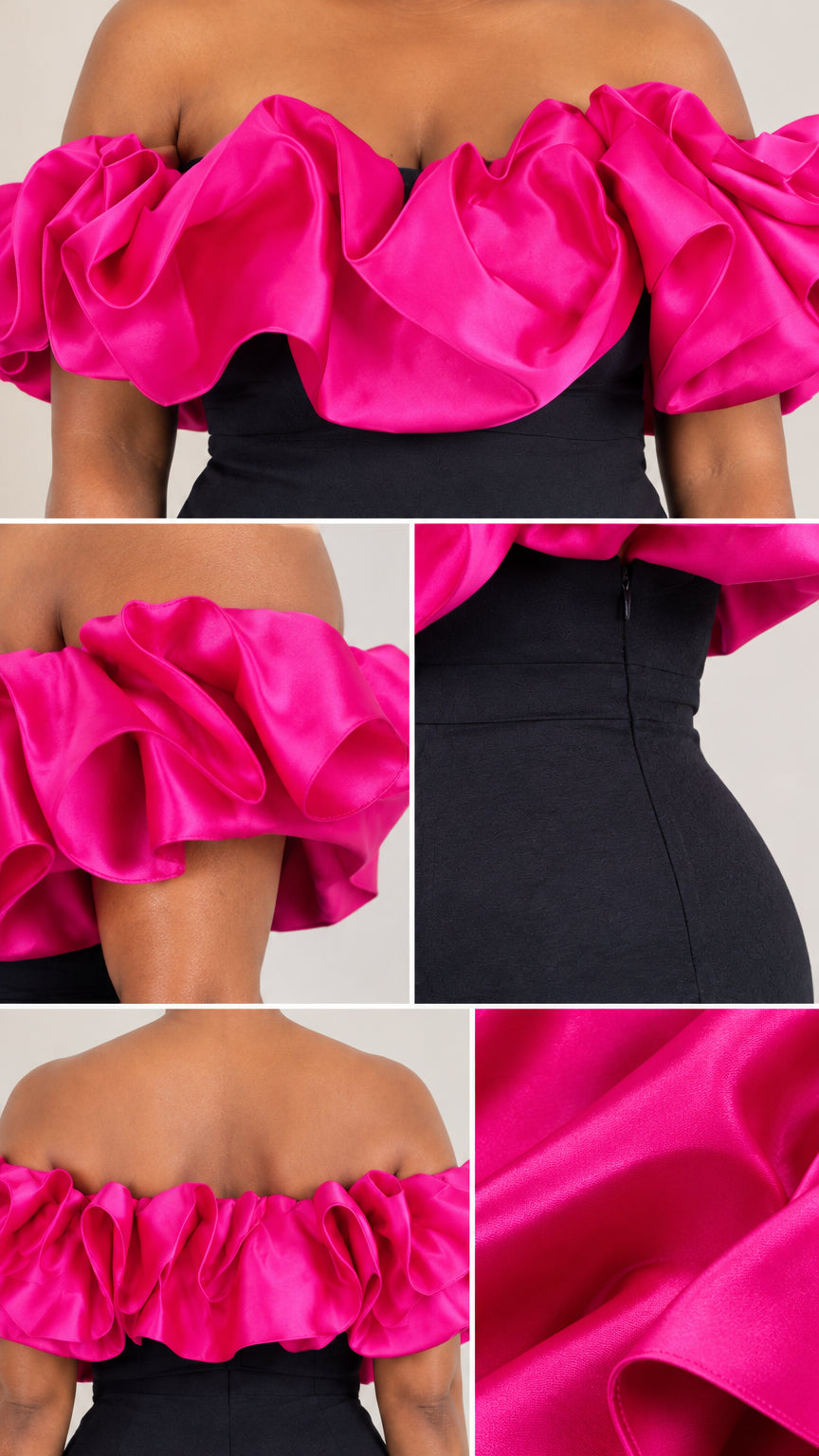 Close-up details of fuchsia satin ruffle neckline and side zipper on black dress