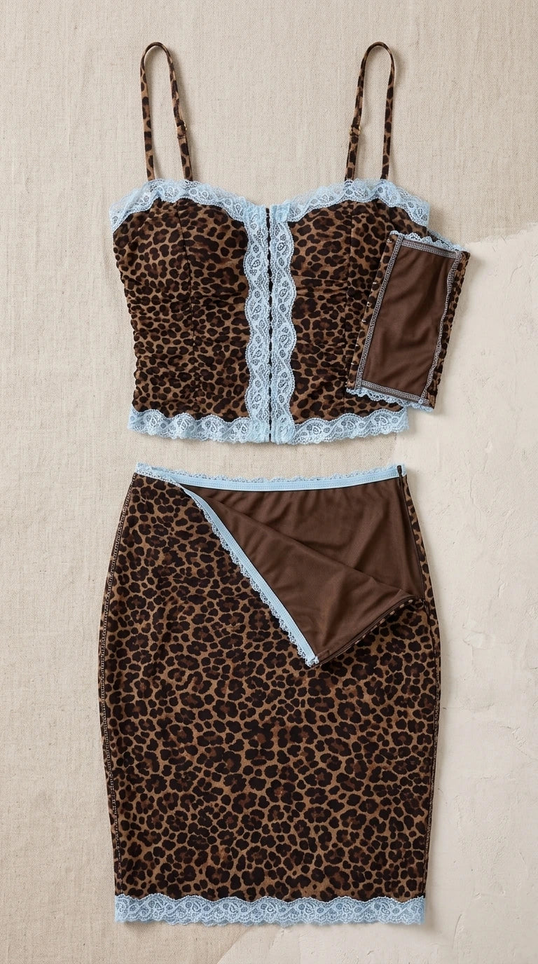 Flat lay view showing construction details and lining of the brown leopard crop top and pencil skirt