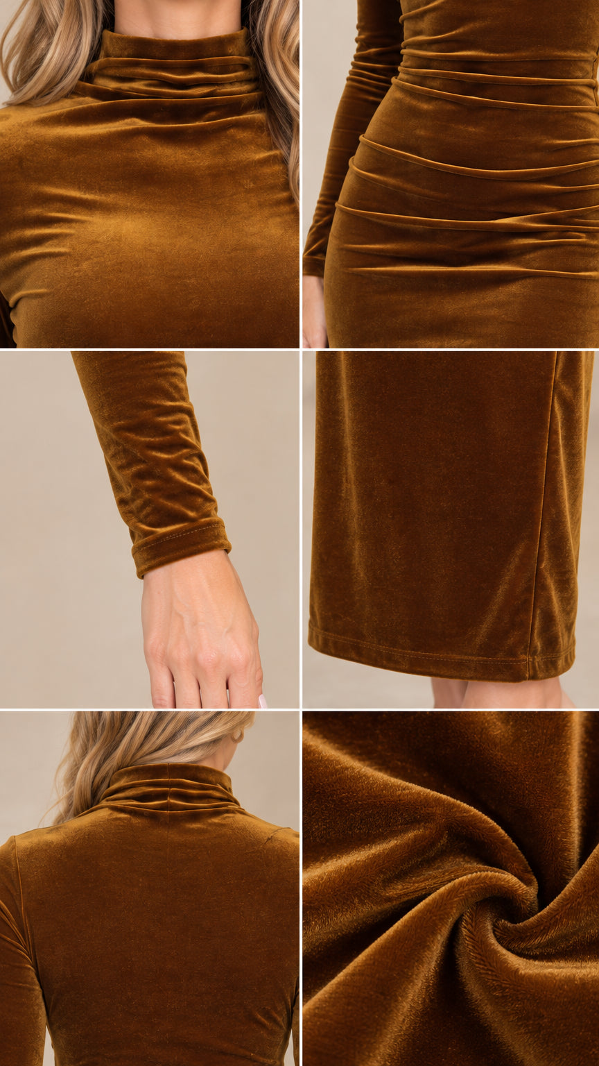 Close-up details of velvet dress neckline, ruched waist, sleeve cuff, and hem