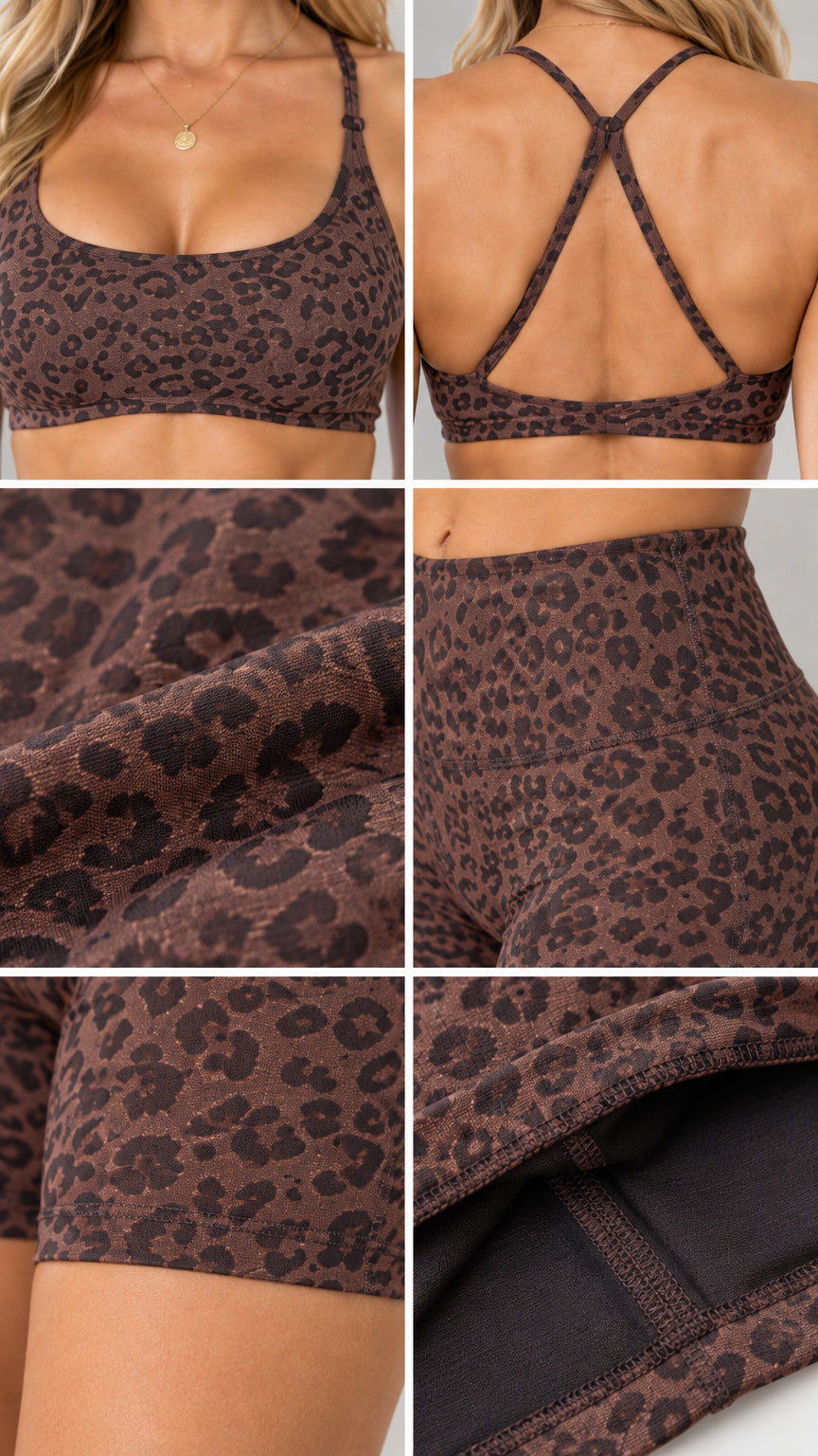 Detailed close-up collage showing strappy bra, knit fabric texture, waistband, and flatlock hem