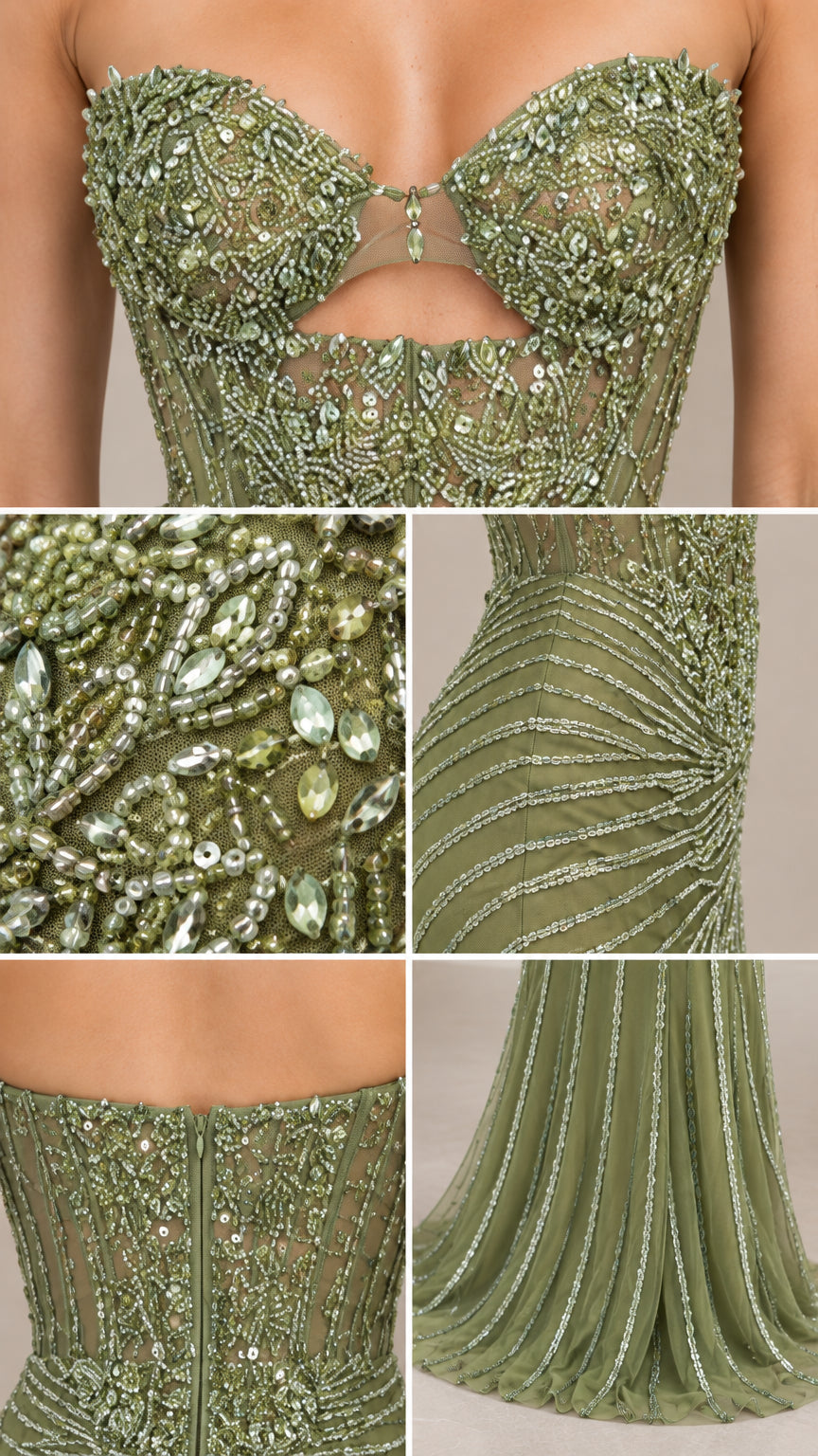 Close-up details of beaded corset bodice, cutout, sequin embellishments, and hemline