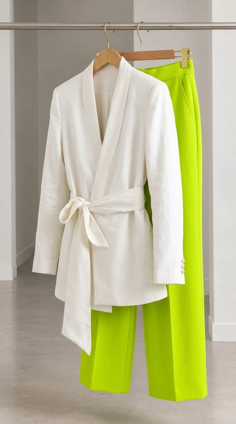 Hanging garment display of white wrap blazer and neon lime green trousers