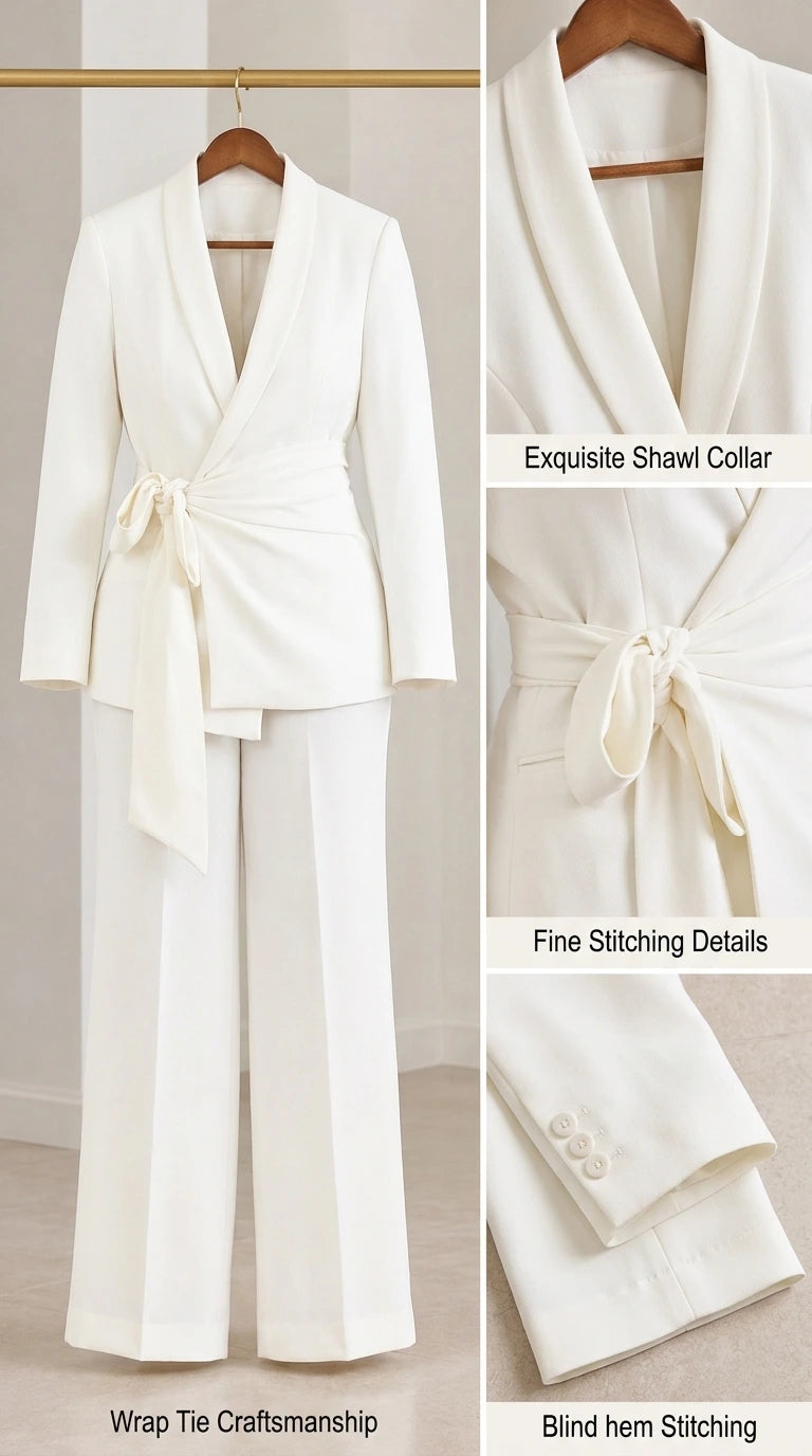 Close-up details of white suit set showcasing shawl collar, stitching, wrap tie, and cuff buttons