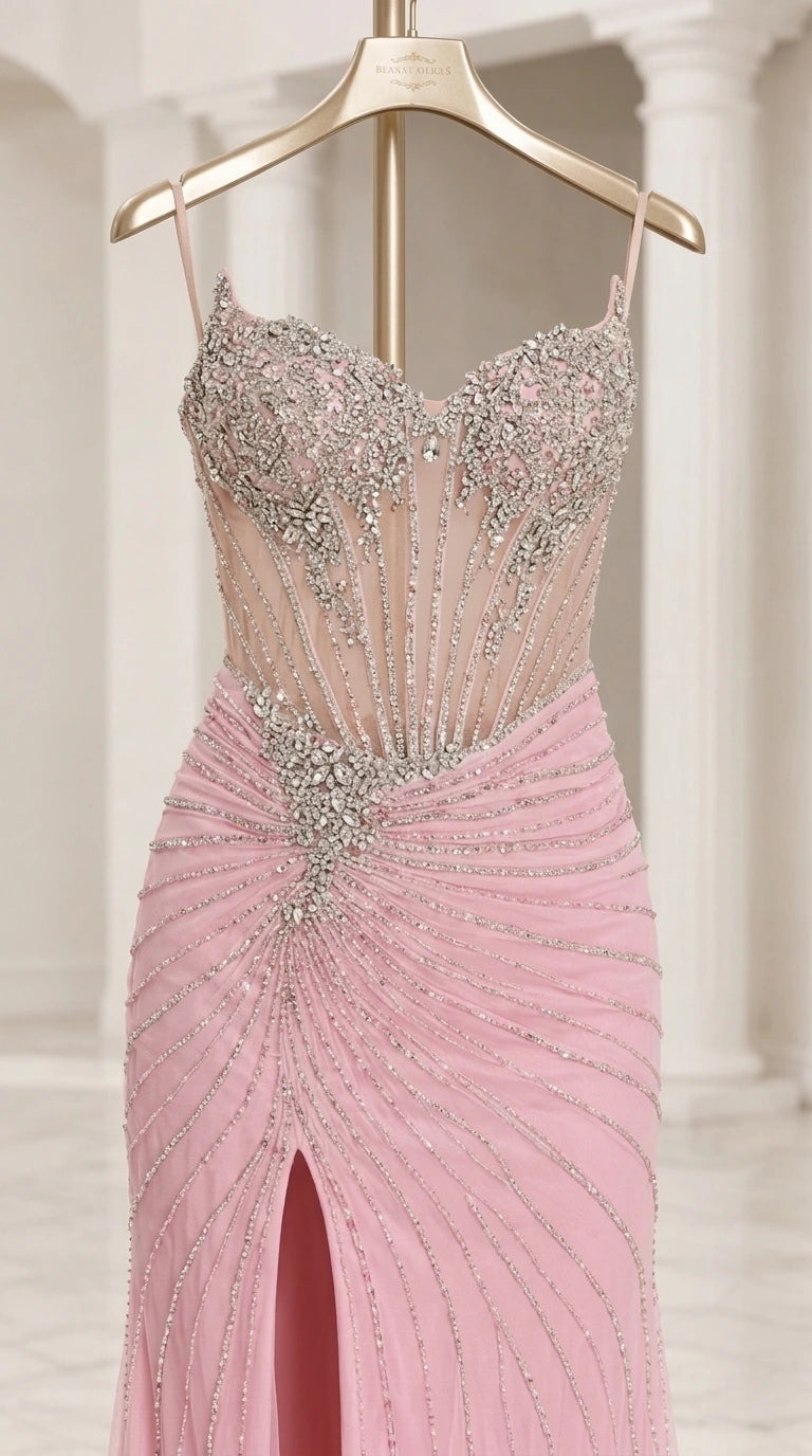 Close-up detail of sheer beaded sweetheart corset bodice and ruched hip detailing