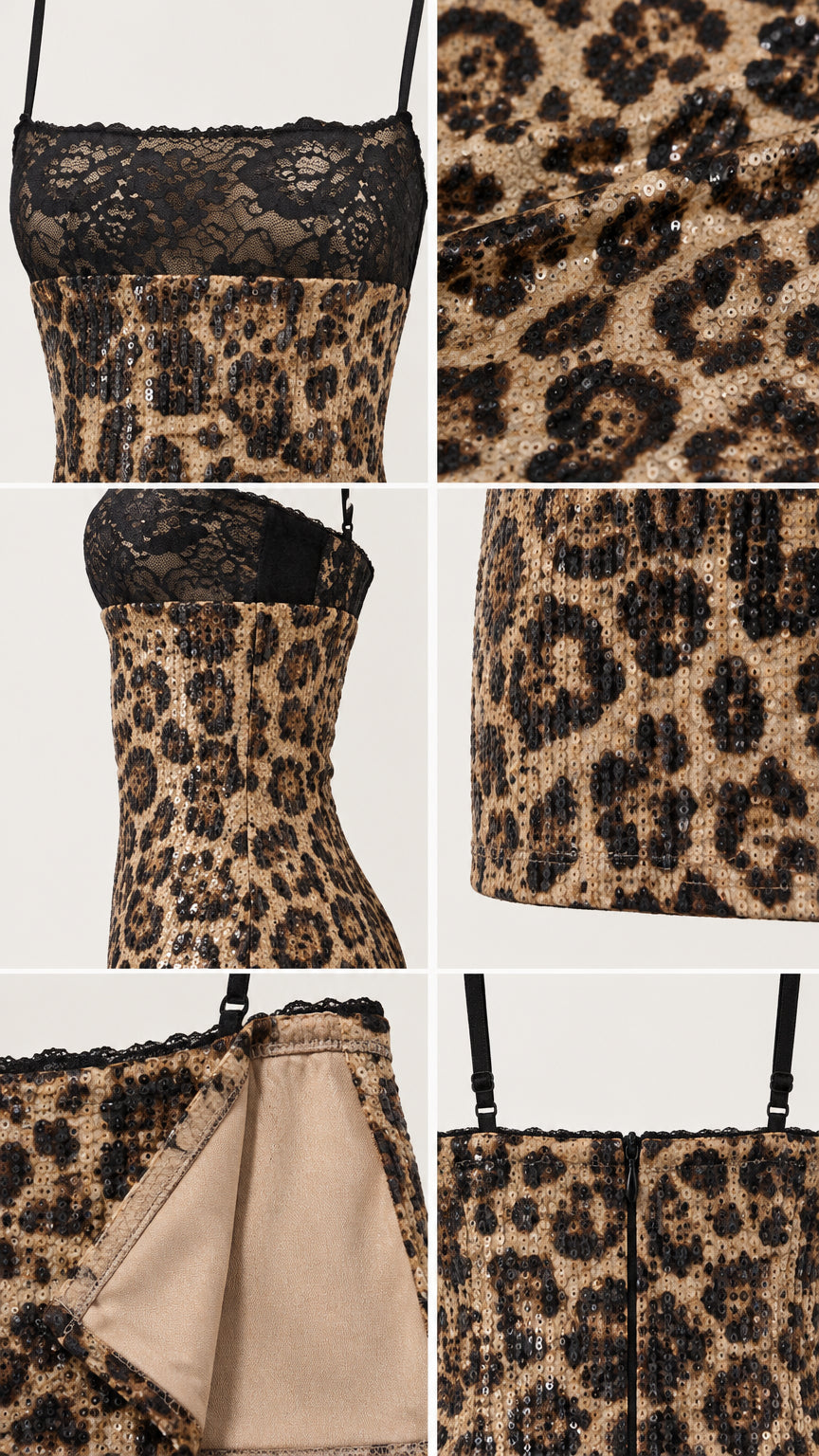 Close-up details of leopard sequin fabric, lace neckline trim, adjustable strap, zipper, and soft lining