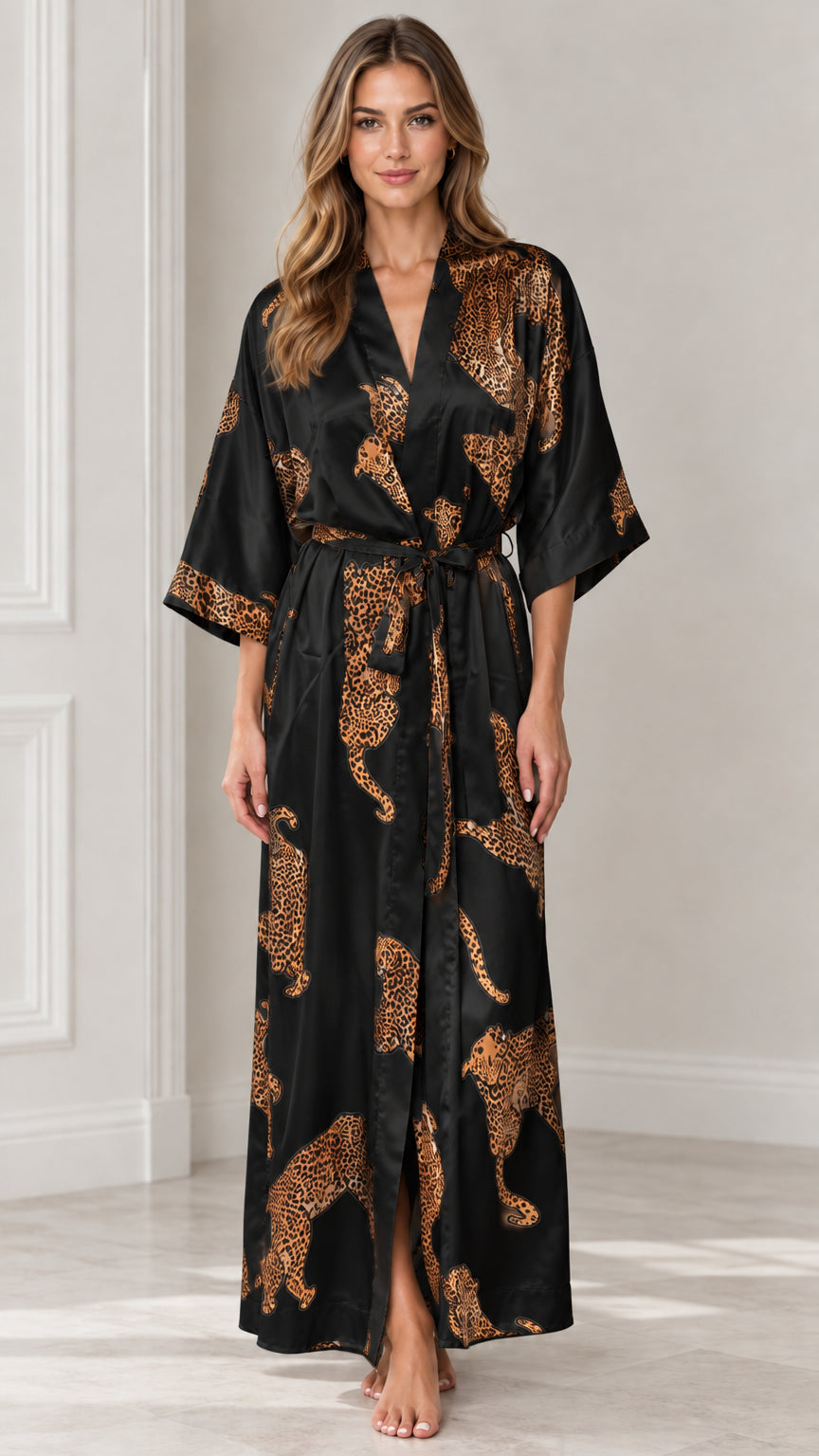 Full-length front view of black leopard print silky maxi kimono robe