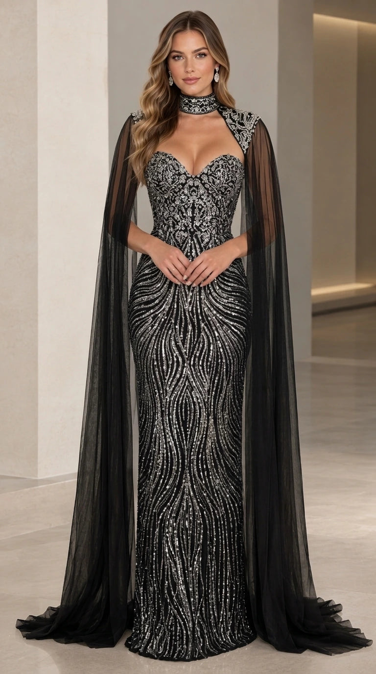 Front view of black sequined evening gown with matching black floor-length sheer cape