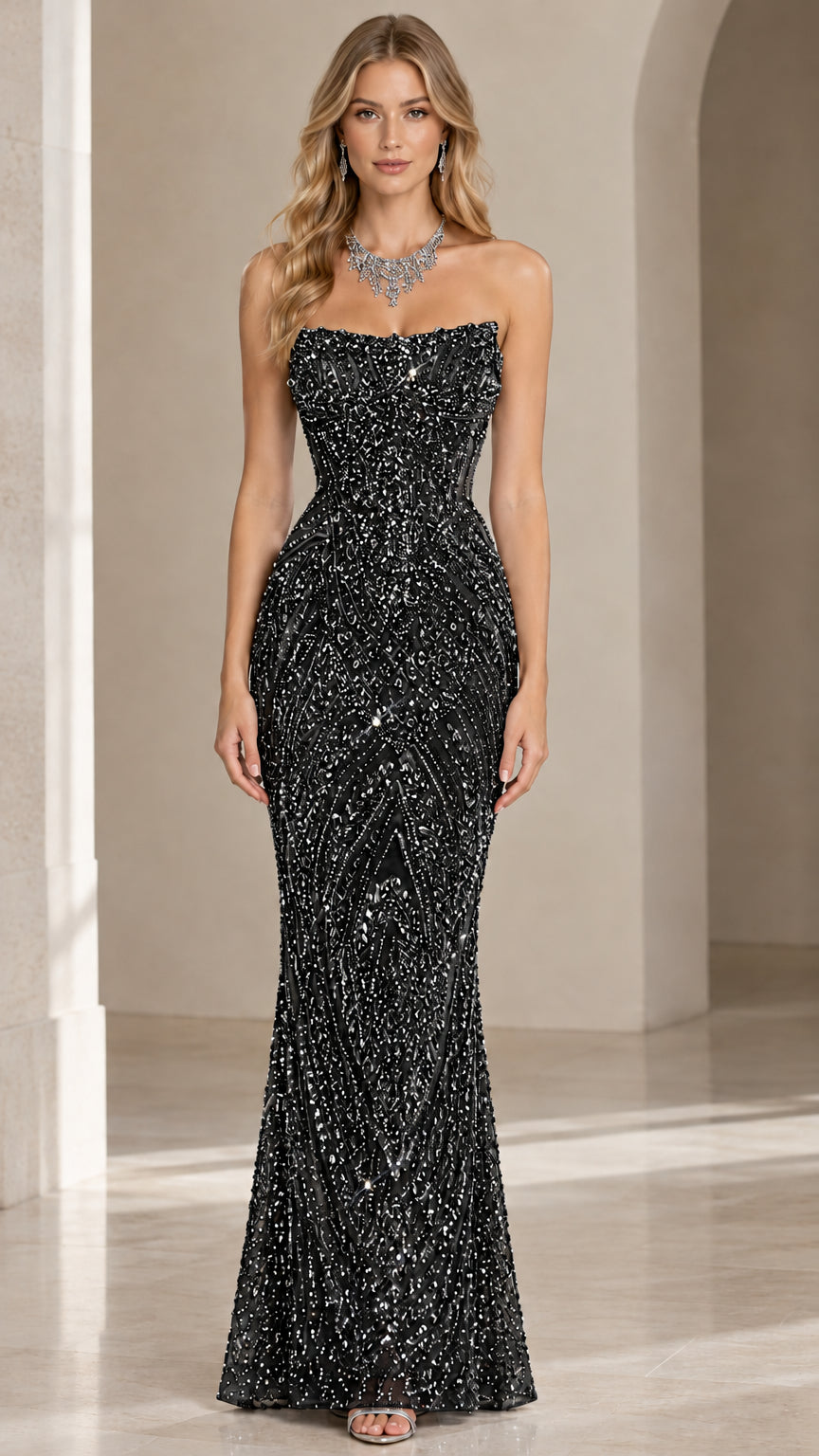 Black strapless beaded sequin mermaid formal dress front view