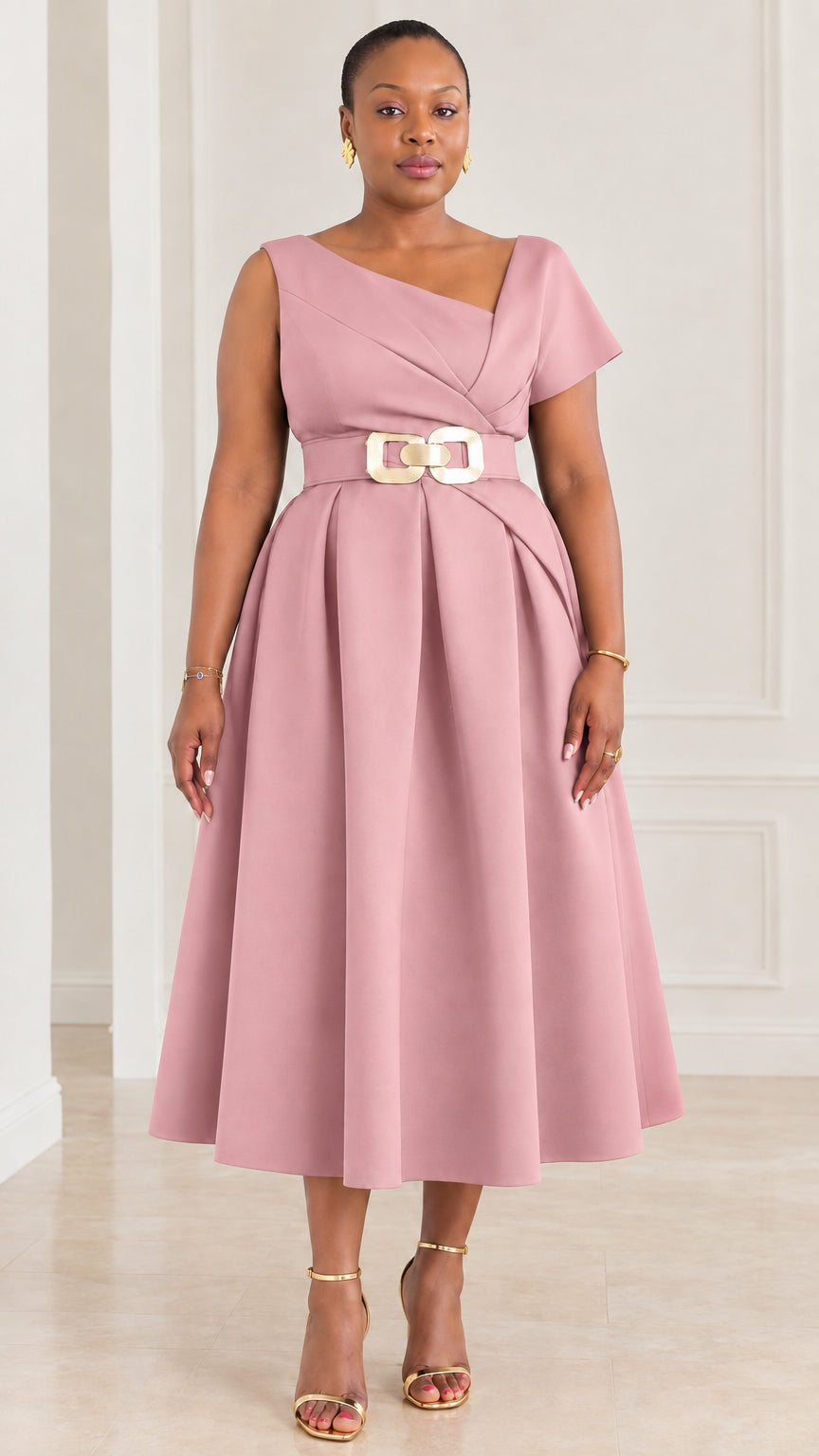 Front view of woman wearing dusty pink asymmetrical neckline belted pleated midi dress
