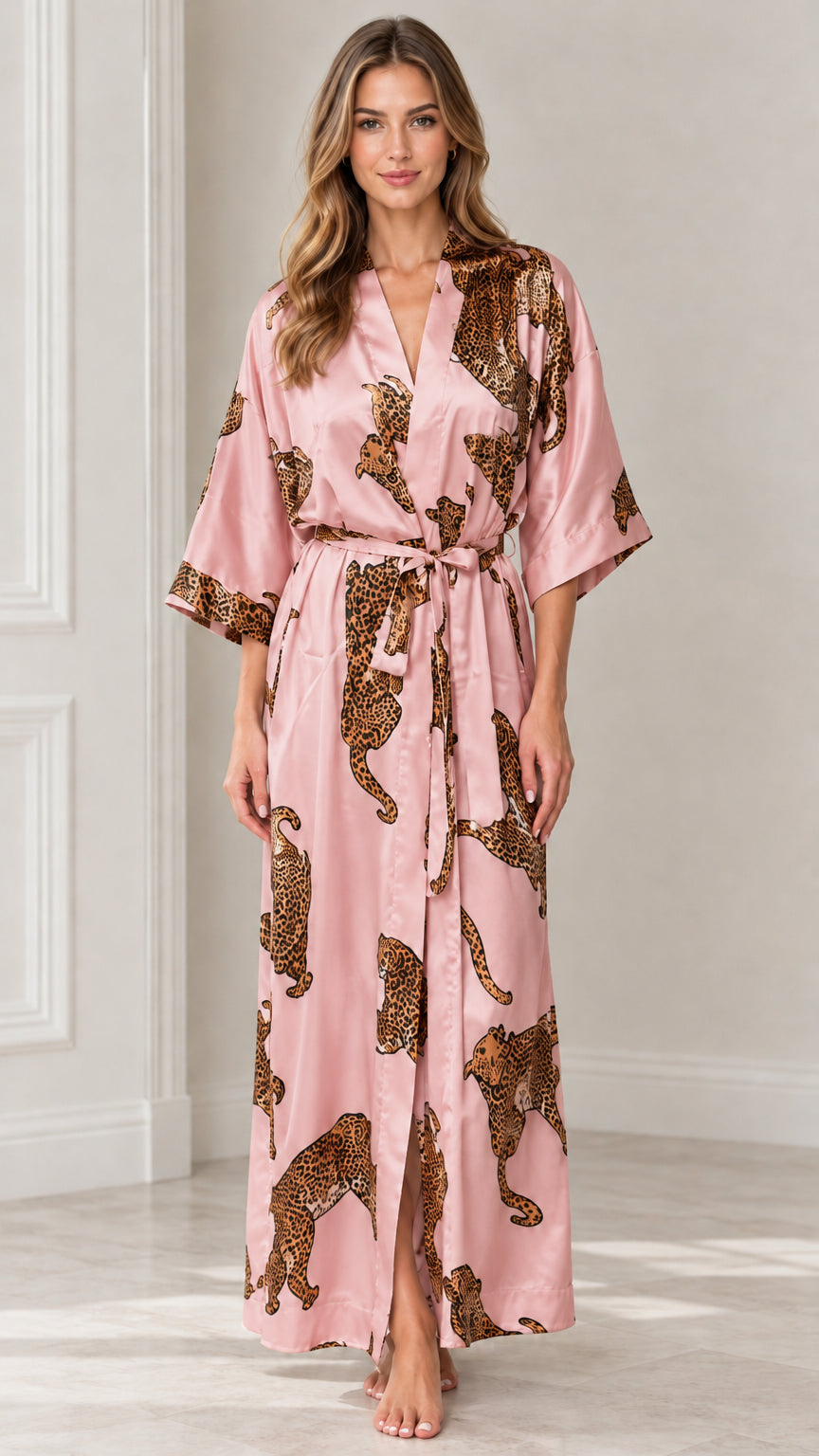 Full-length front view of dusty pink leopard print silky maxi kimono robe