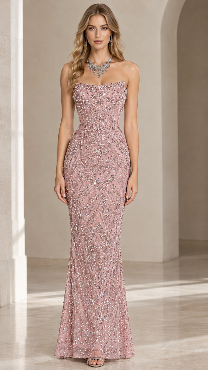 Dusty pink strapless beaded evening gown front view