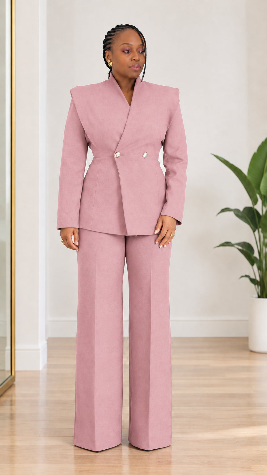 Model wearing dusty pink tailored two-piece sculpted collar blazer and wide-leg pantsuit