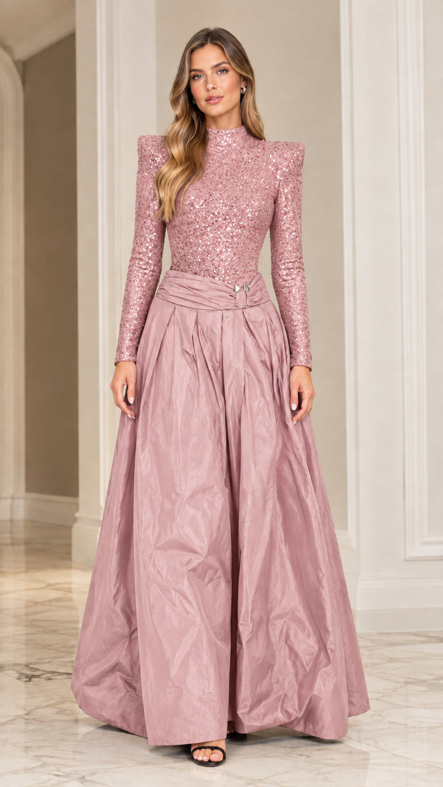 Dusty pink sequined mock neck evening gown with voluminous maxi skirt